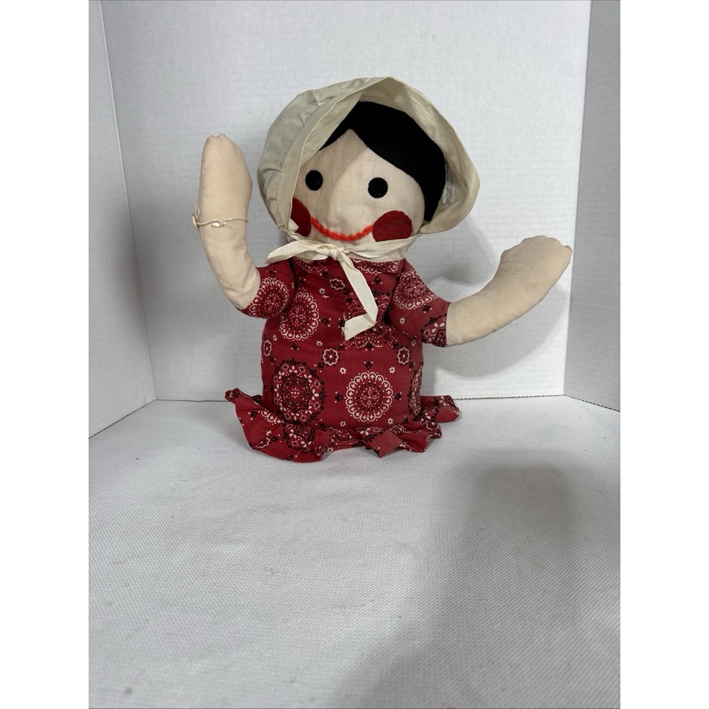 Vintage Avon Stuffed‎ Rag Doll Red Dress Black Hair with Bonnet